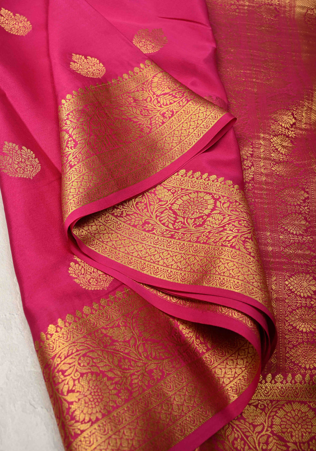 Bright Pink  Pure Mysore Silk Saree with Zari buttas and Zari Border | SILK MARK CERTIFIED