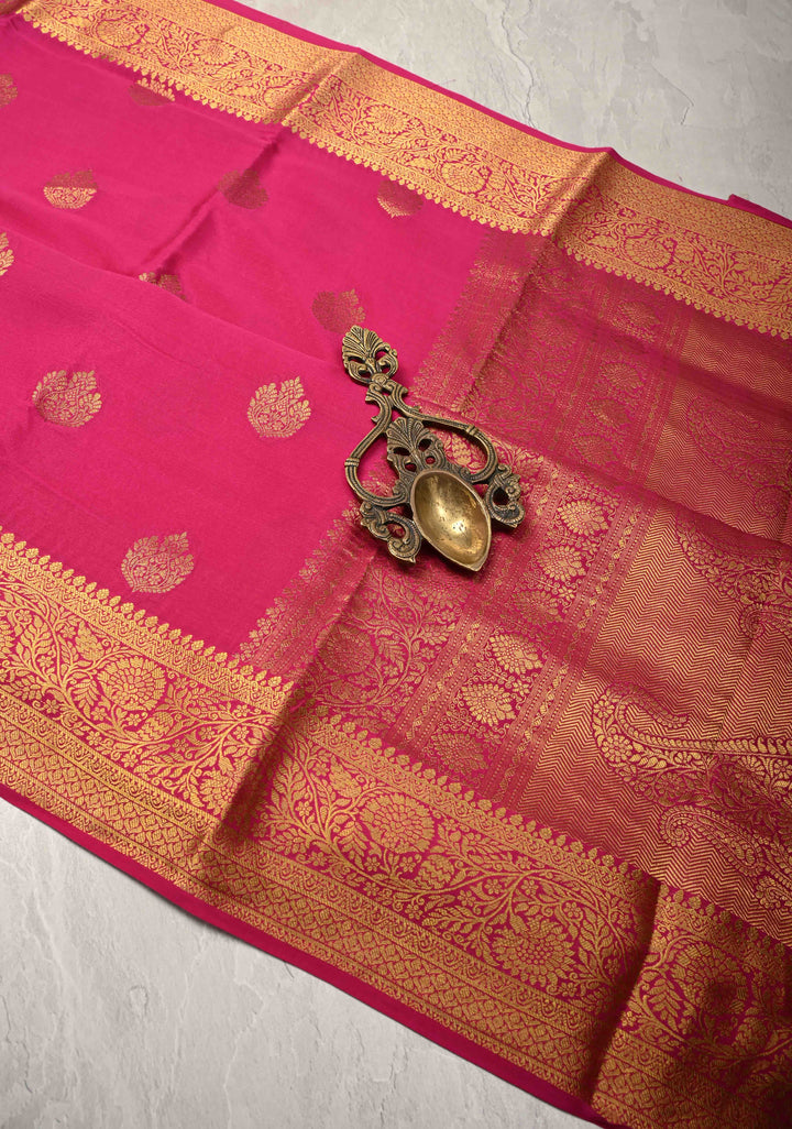 Bright Pink  Pure Mysore Silk Saree with Zari buttas and Zari Border | SILK MARK CERTIFIED