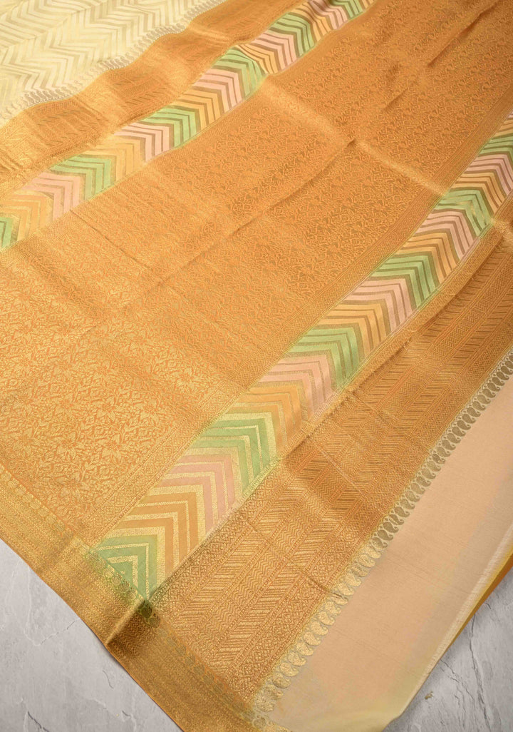 Beige Mysore Crepe Silk Saree with Chevron Patterns and Brush Dye on Zari Borders   | Silk Mark Certified