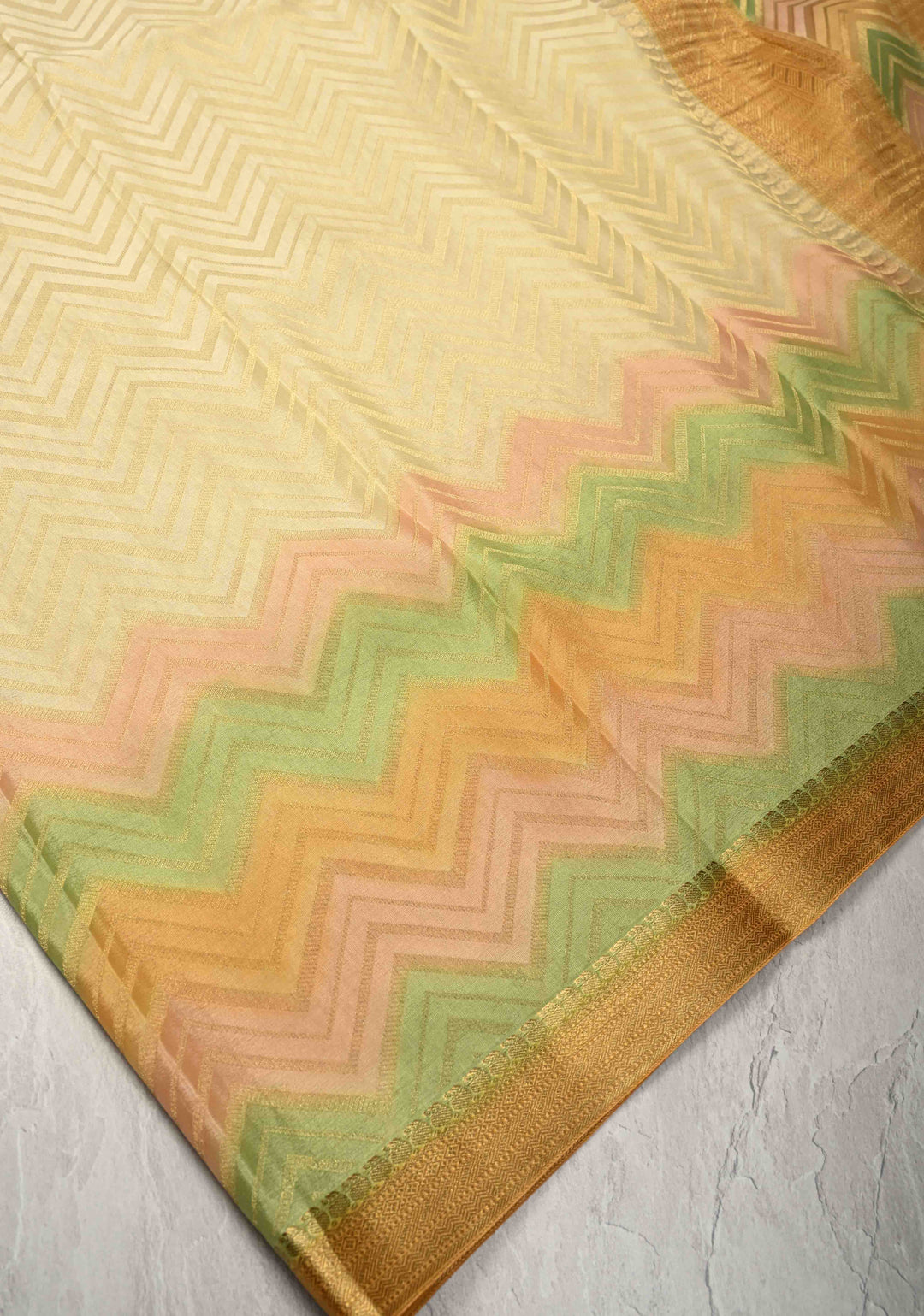 Beige Mysore Crepe Silk Saree with Chevron Patterns and Brush Dye on Zari Borders   | Silk Mark Certified