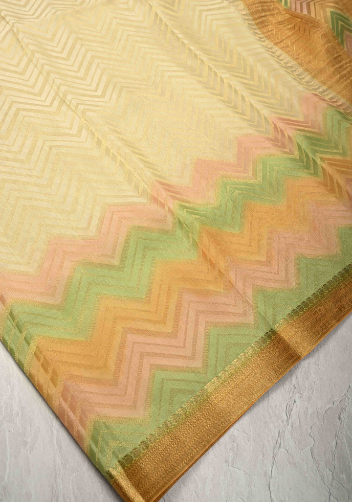 Beige Mysore Crepe Silk Saree with Chevron Patterns and Brush Dye on Zari Borders   | Silk Mark Certified