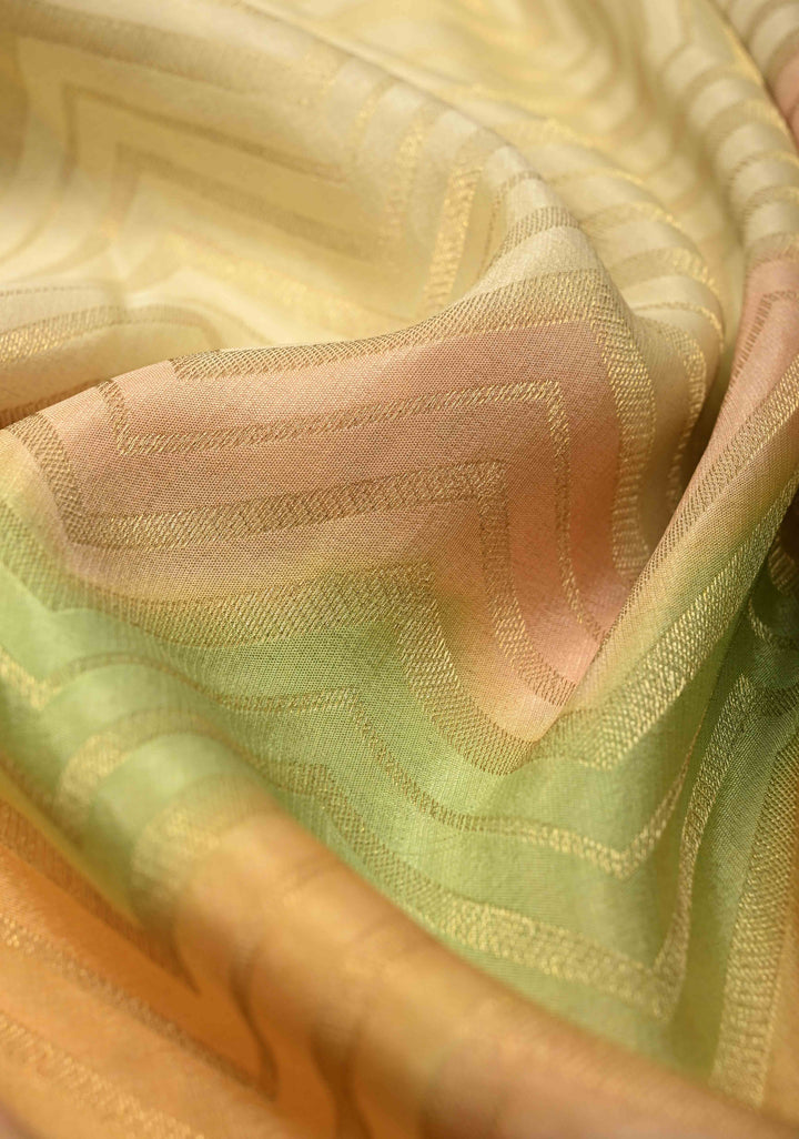 Beige Mysore Crepe Silk Saree with Chevron Patterns and Brush Dye on Zari Borders   | Silk Mark Certified