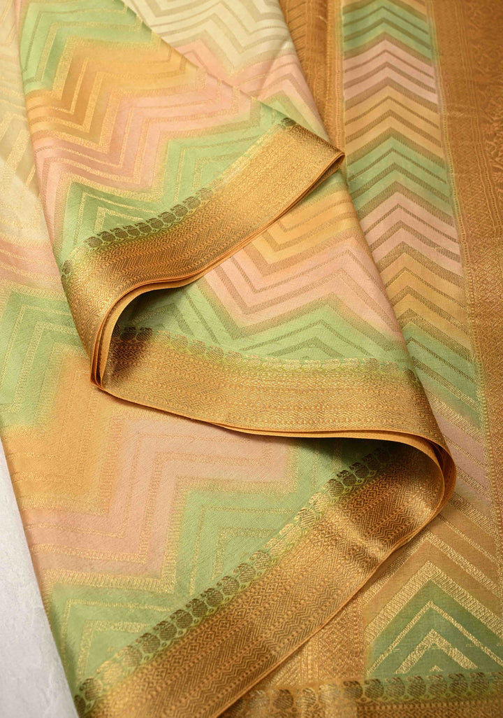 Beige Mysore Crepe Silk Saree with Chevron Patterns and Brush Dye on Zari Borders   | Silk Mark Certified