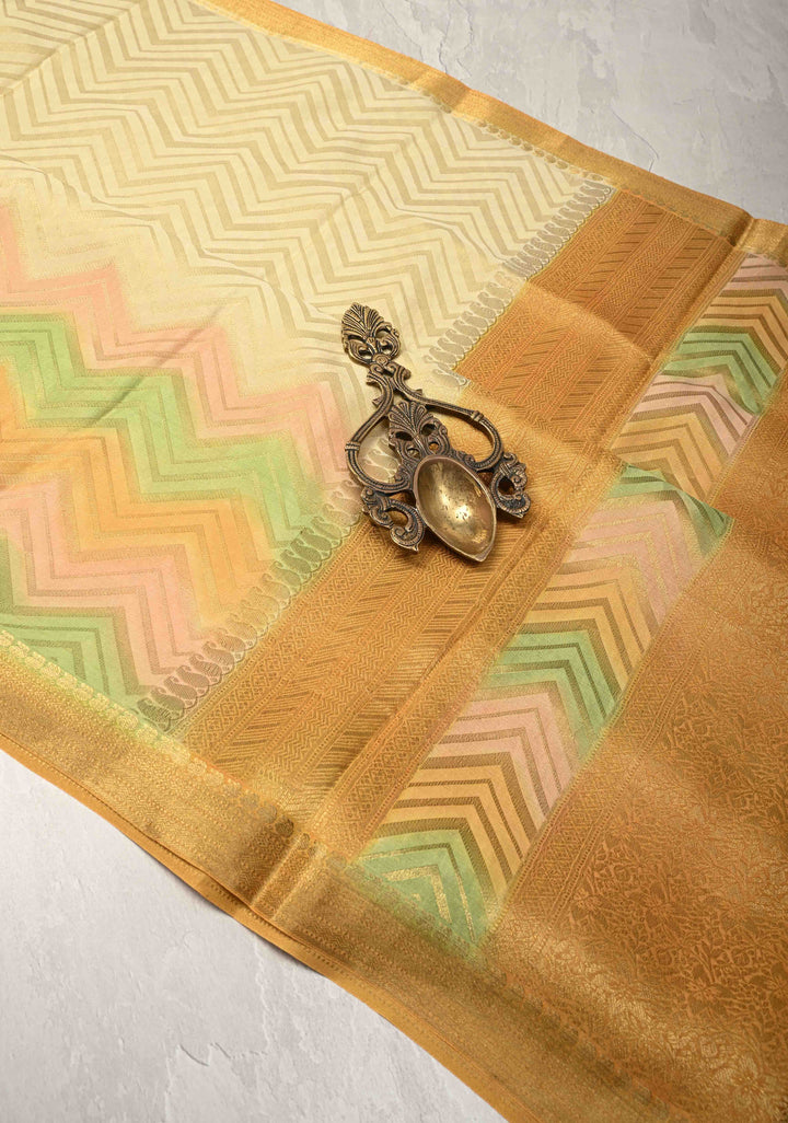 Beige Mysore Crepe Silk Saree with Chevron Patterns and Brush Dye on Zari Borders   | Silk Mark Certified