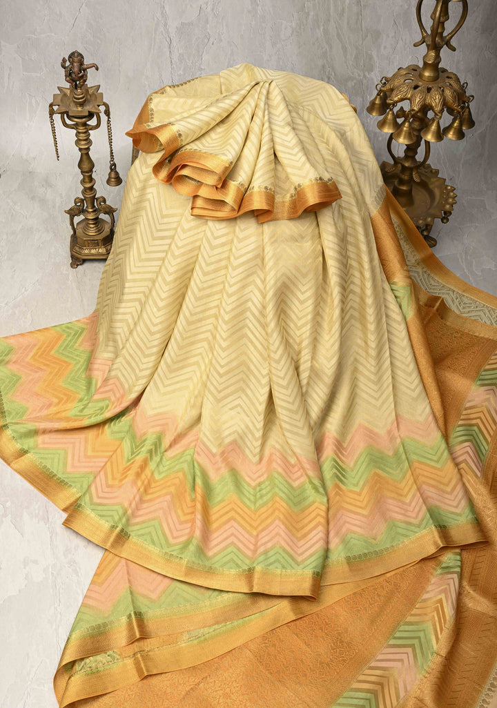 Beige Mysore Crepe Silk Saree with Chevron Patterns and Brush Dye on Zari Borders   | Silk Mark Certified