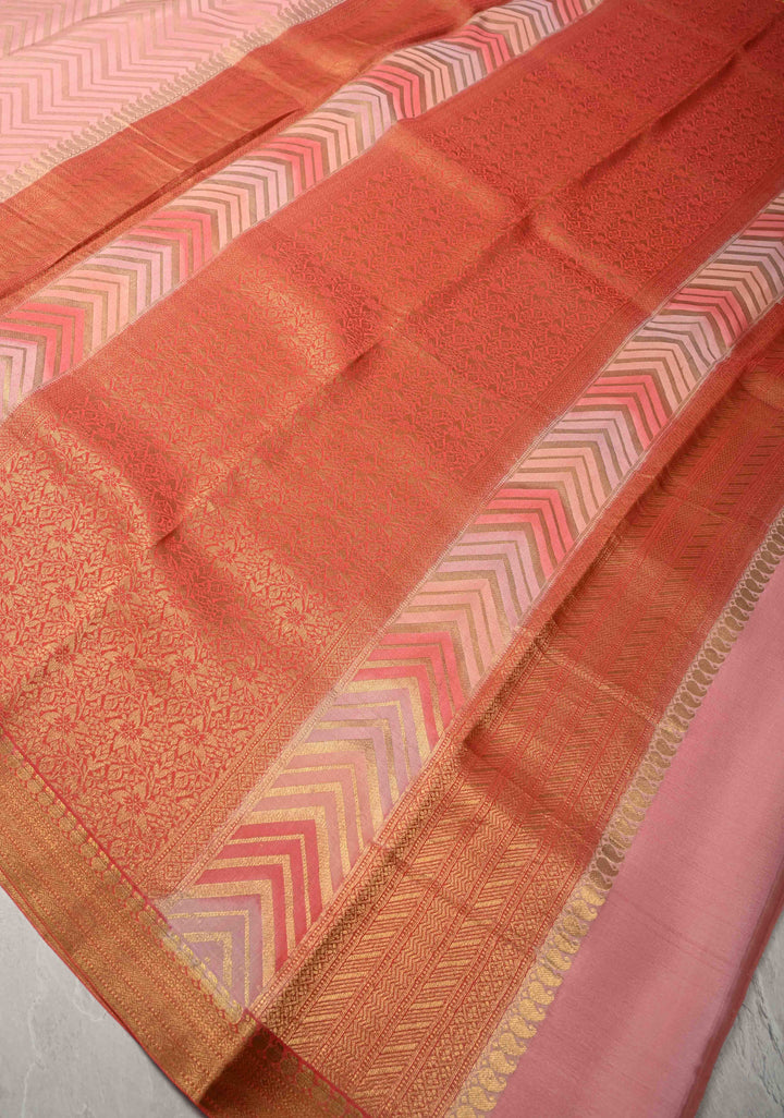 Rose Pink  Mysore Crepe Silk Saree with Chevron Patterns and Brush Dye on Zari Borders   | Silk Mark Certified