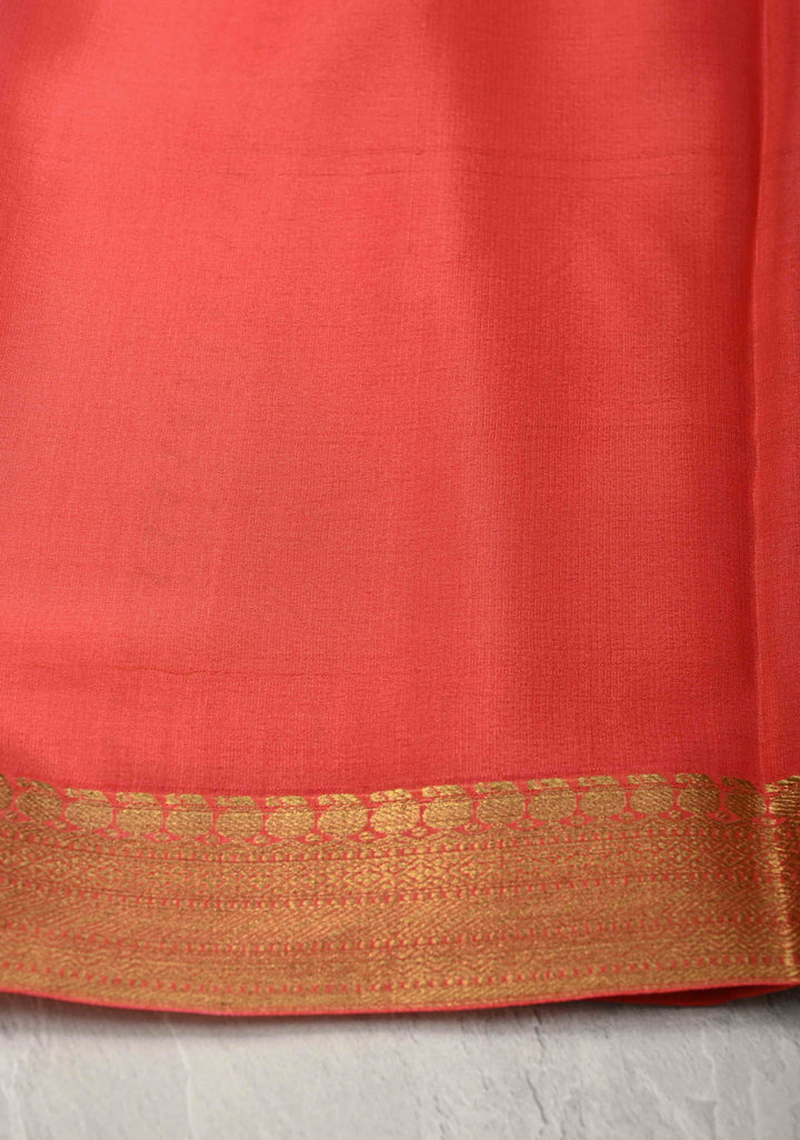 Rose Pink  Mysore Crepe Silk Saree with Chevron Patterns and Brush Dye on Zari Borders   | Silk Mark Certified