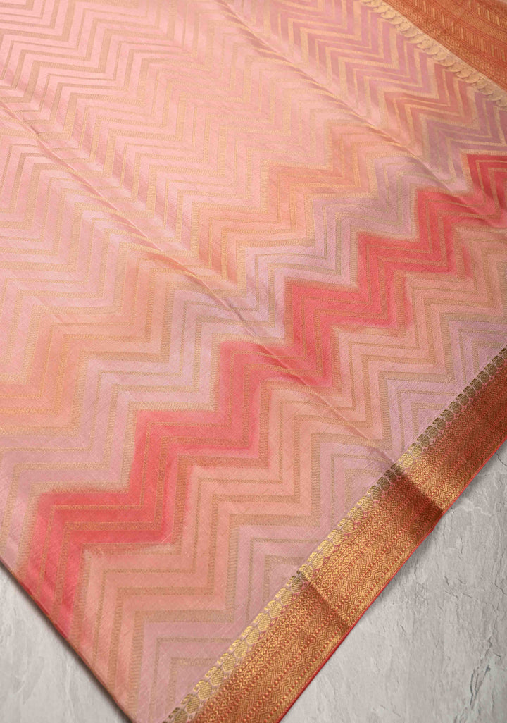 Rose Pink  Mysore Crepe Silk Saree with Chevron Patterns and Brush Dye on Zari Borders   | Silk Mark Certified