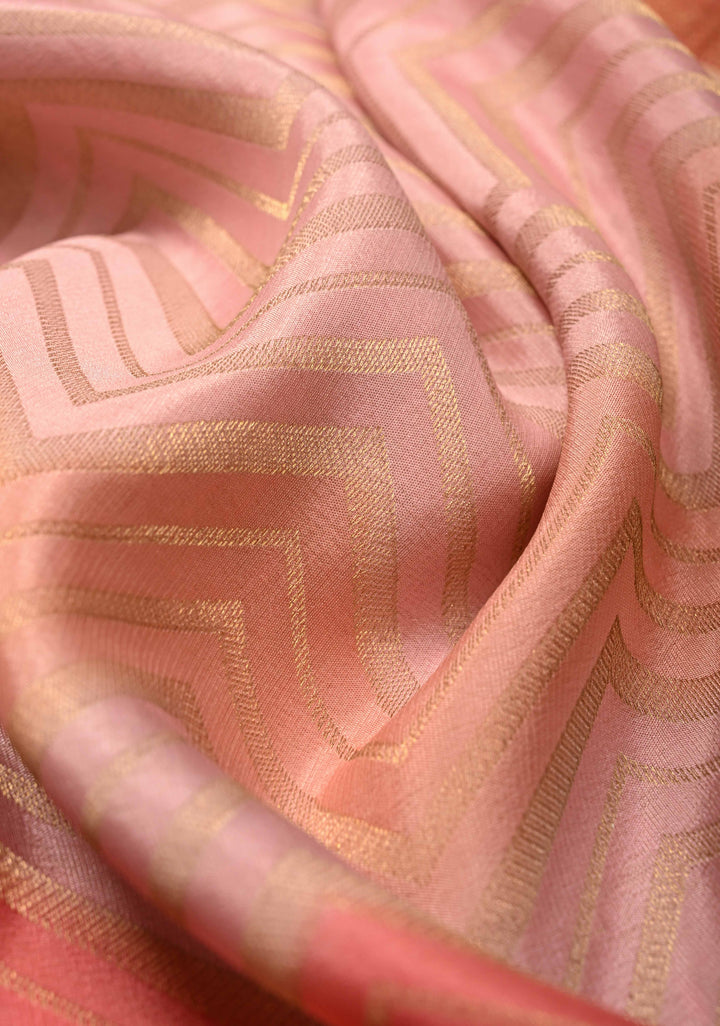 Rose Pink  Mysore Crepe Silk Saree with Chevron Patterns and Brush Dye on Zari Borders   | Silk Mark Certified