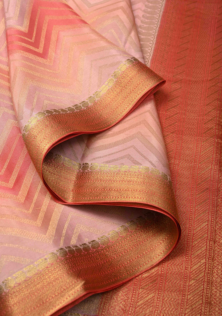 Rose Pink  Mysore Crepe Silk Saree with Chevron Patterns and Brush Dye on Zari Borders   | Silk Mark Certified