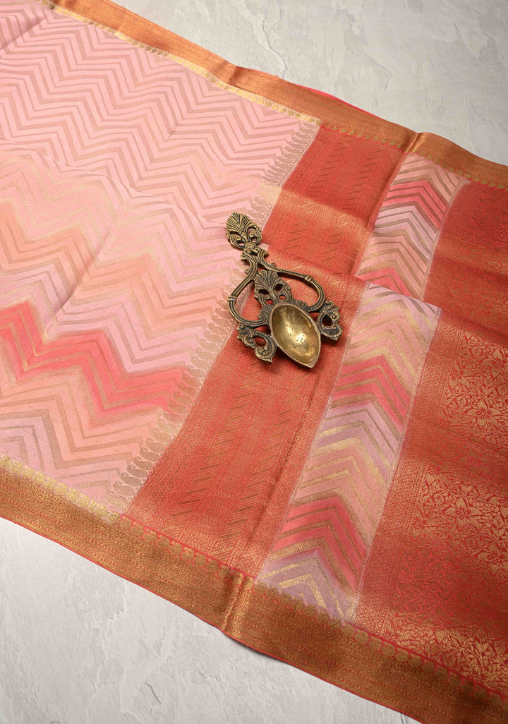 Rose Pink  Mysore Crepe Silk Saree with Chevron Patterns and Brush Dye on Zari Borders   | Silk Mark Certified