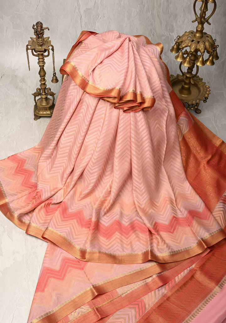 Rose Pink  Mysore Crepe Silk Saree with Chevron Patterns and Brush Dye on Zari Borders   | Silk Mark Certified