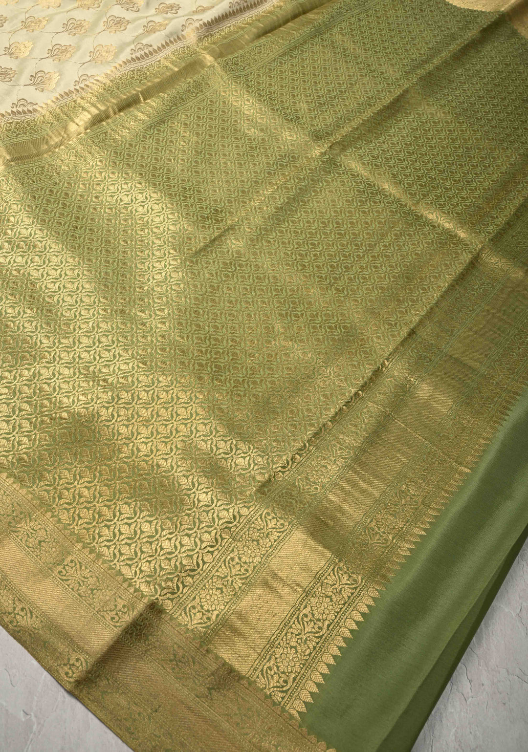 Light Sage Green Mysore Crepe Silk Saree with Zari Brocade Jaal and Brush Dye on Zari Borders | SILK MARK CERTIFIED