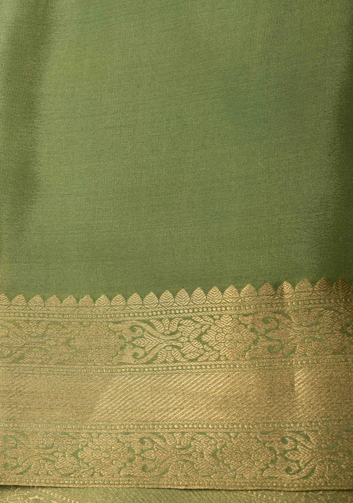 Light Sage Green Mysore Crepe Silk Saree with Zari Brocade Jaal and Brush Dye on Zari Borders | SILK MARK CERTIFIED
