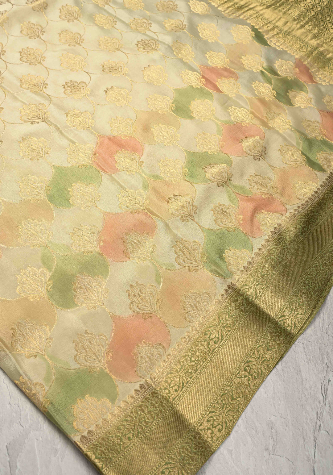 Light Sage Green Mysore Crepe Silk Saree with Zari Brocade Jaal and Brush Dye on Zari Borders | SILK MARK CERTIFIED