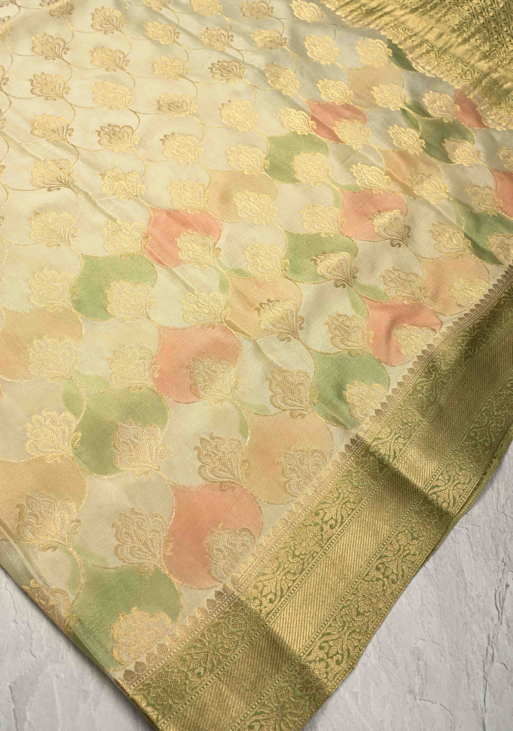 Light Sage Green Mysore Crepe Silk Saree with Zari Brocade Jaal and Brush Dye on Zari Borders | SILK MARK CERTIFIED