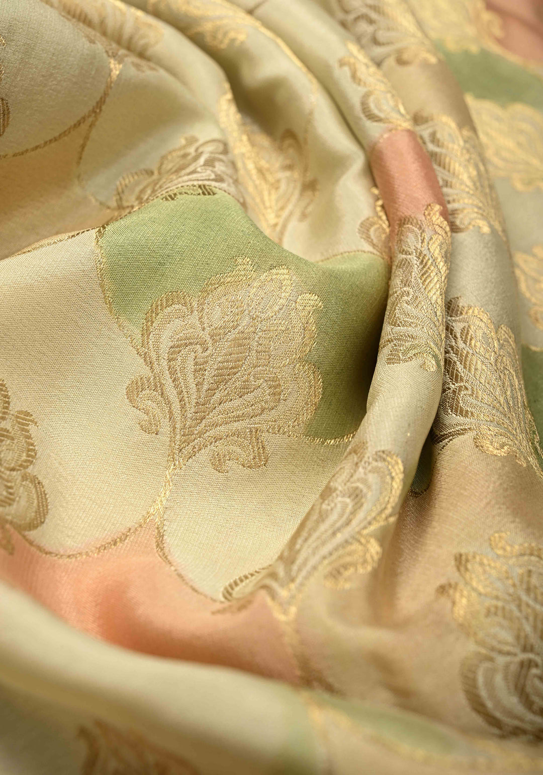 Light Sage Green Mysore Crepe Silk Saree with Zari Brocade Jaal and Brush Dye on Zari Borders | SILK MARK CERTIFIED