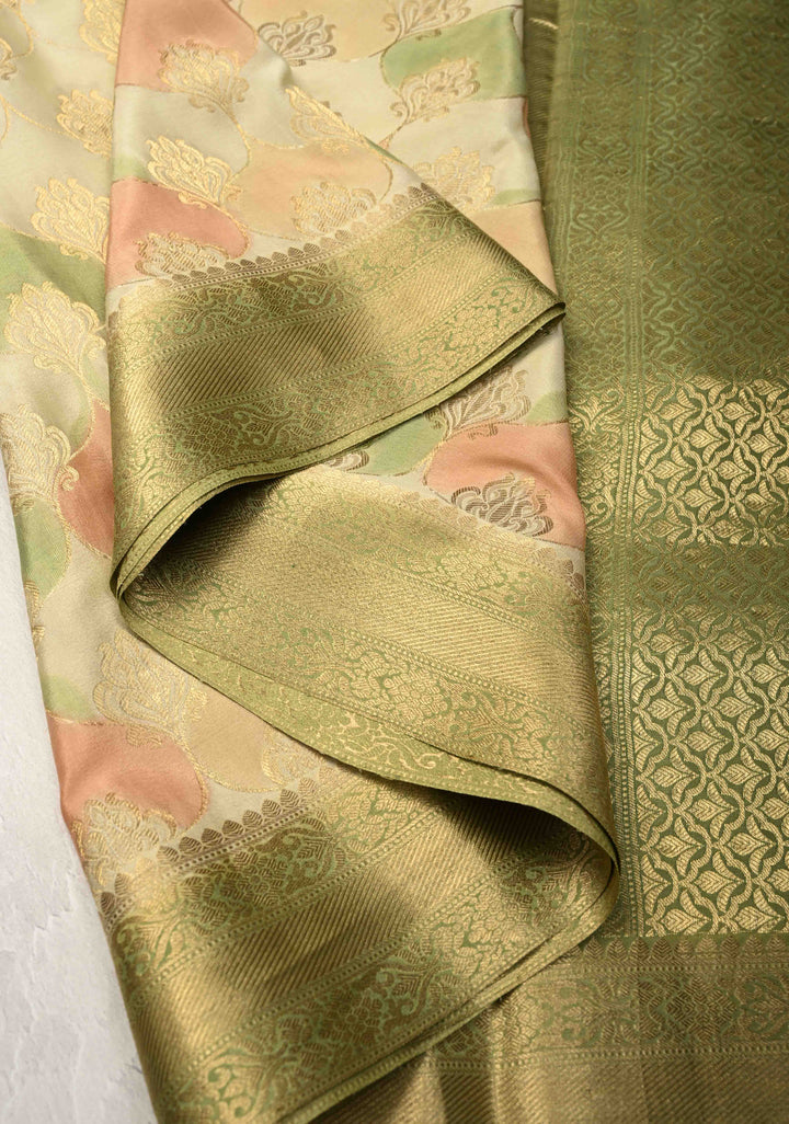 Light Sage Green Mysore Crepe Silk Saree with Zari Brocade Jaal and Brush Dye on Zari Borders | SILK MARK CERTIFIED