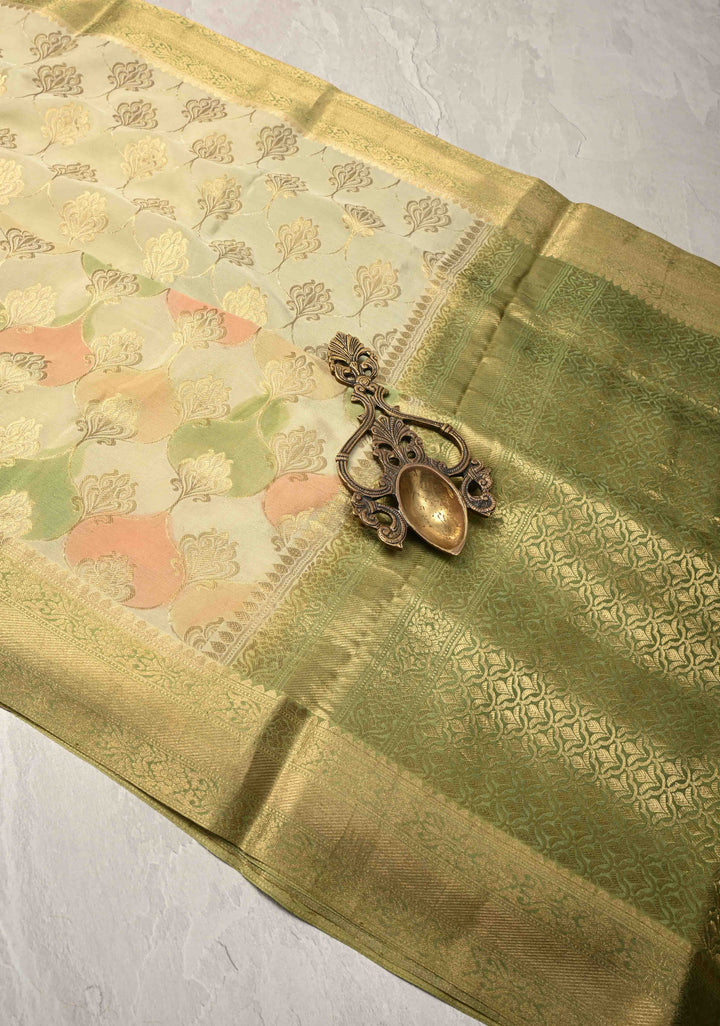Light Sage Green Mysore Crepe Silk Saree with Zari Brocade Jaal and Brush Dye on Zari Borders | SILK MARK CERTIFIED