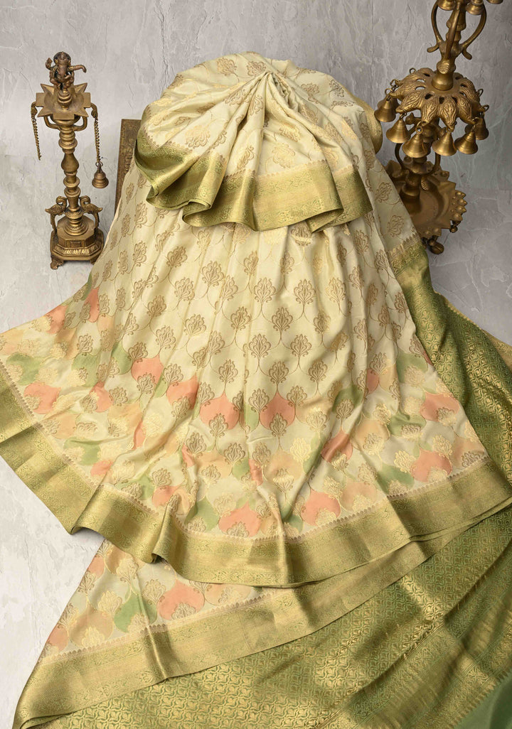 Light Sage Green Mysore Crepe Silk Saree with Zari Brocade Jaal and Brush Dye on Zari Borders | SILK MARK CERTIFIED