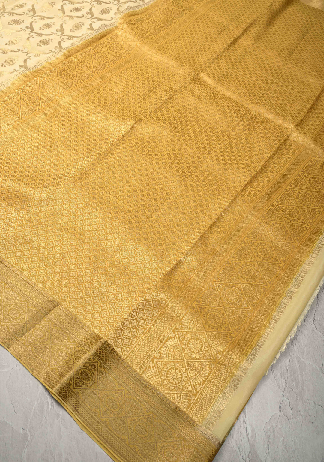 Beige Mysore Crepe Silk Saree with Zari Brocade Jaal and Brush Dye on Zari Borders   | Silk Mark Certified