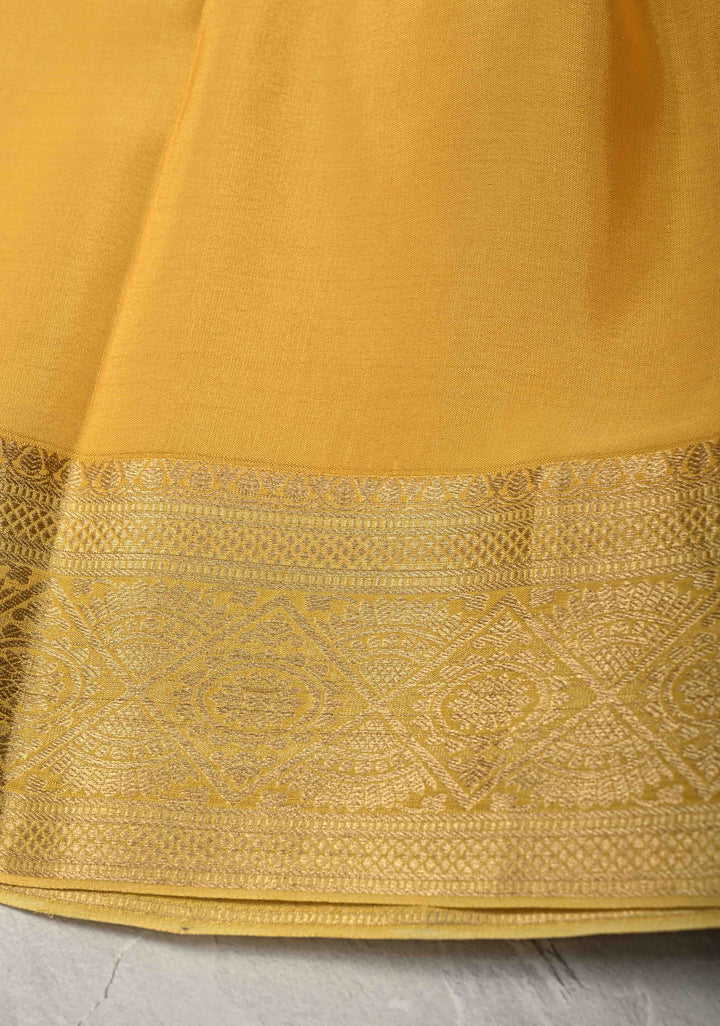 Beige Mysore Crepe Silk Saree with Zari Brocade Jaal and Brush Dye on Zari Borders   | Silk Mark Certified