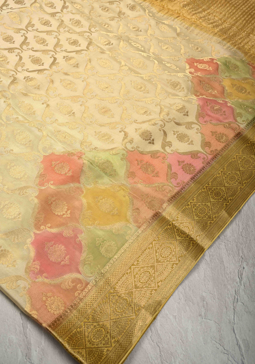 Beige Mysore Crepe Silk Saree with Zari Brocade Jaal and Brush Dye on Zari Borders   | Silk Mark Certified