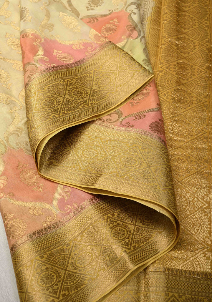 Beige Mysore Crepe Silk Saree with Zari Brocade Jaal and Brush Dye on Zari Borders   | Silk Mark Certified