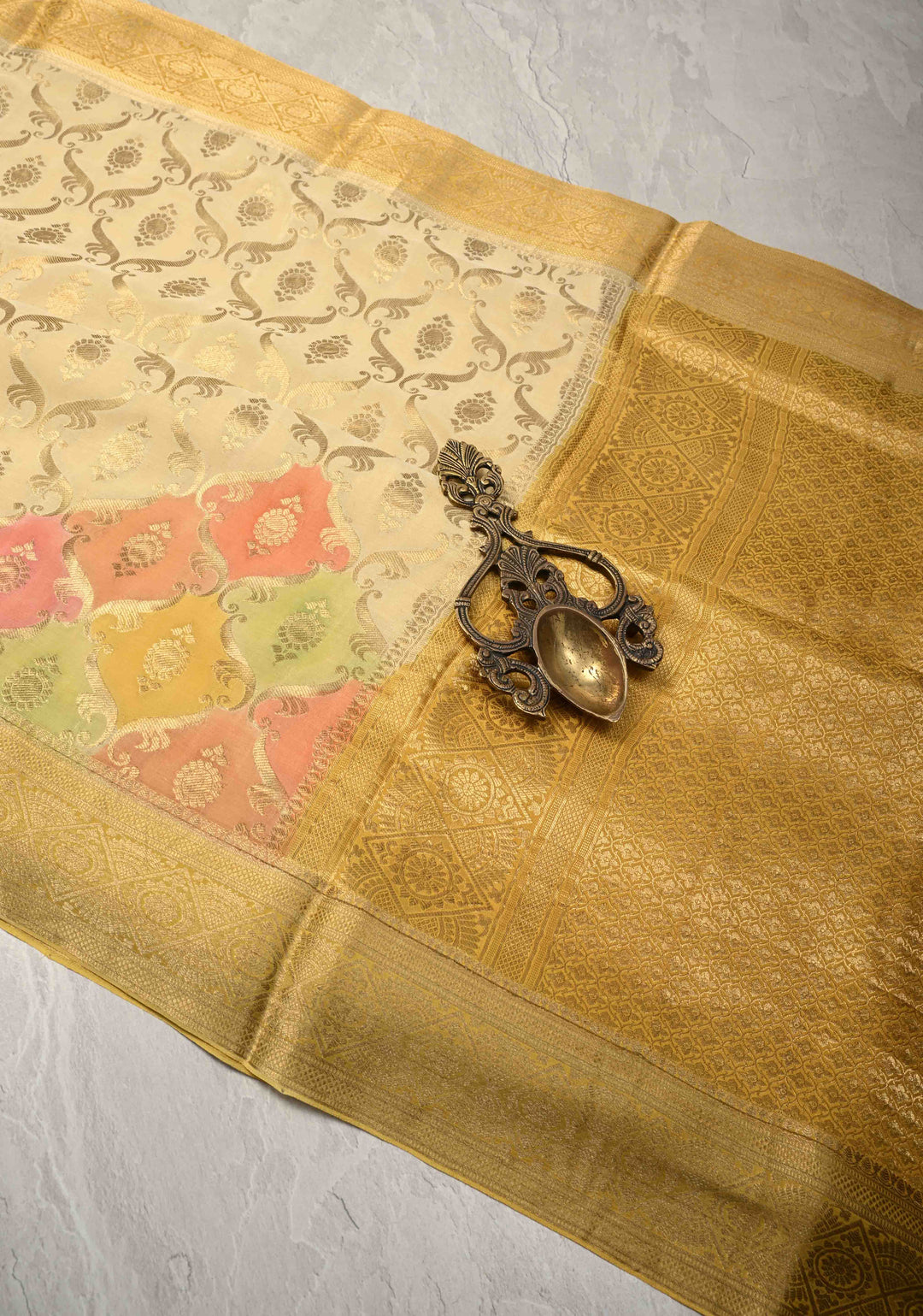 Beige Mysore Crepe Silk Saree with Zari Brocade Jaal and Brush Dye on Zari Borders   | Silk Mark Certified