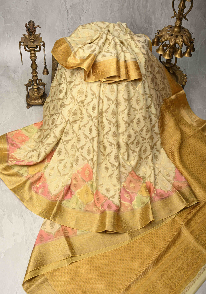 Beige Mysore Crepe Silk Saree with Zari Brocade Jaal and Brush Dye on Zari Borders   | Silk Mark Certified