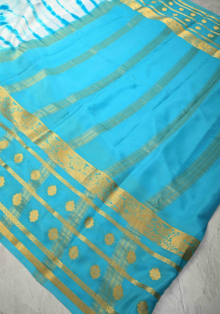 White-Blue Mysore Crepe Silk Saree with Shibori Dye and Wide Zari Skirt Borders | SILK MARK CERTIFIED