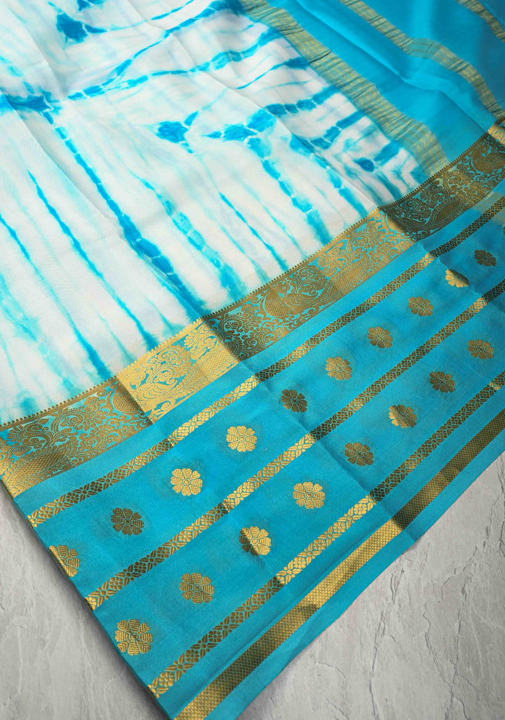 White-Blue Mysore Crepe Silk Saree with Shibori Dye and Wide Zari Skirt Borders | SILK MARK CERTIFIED