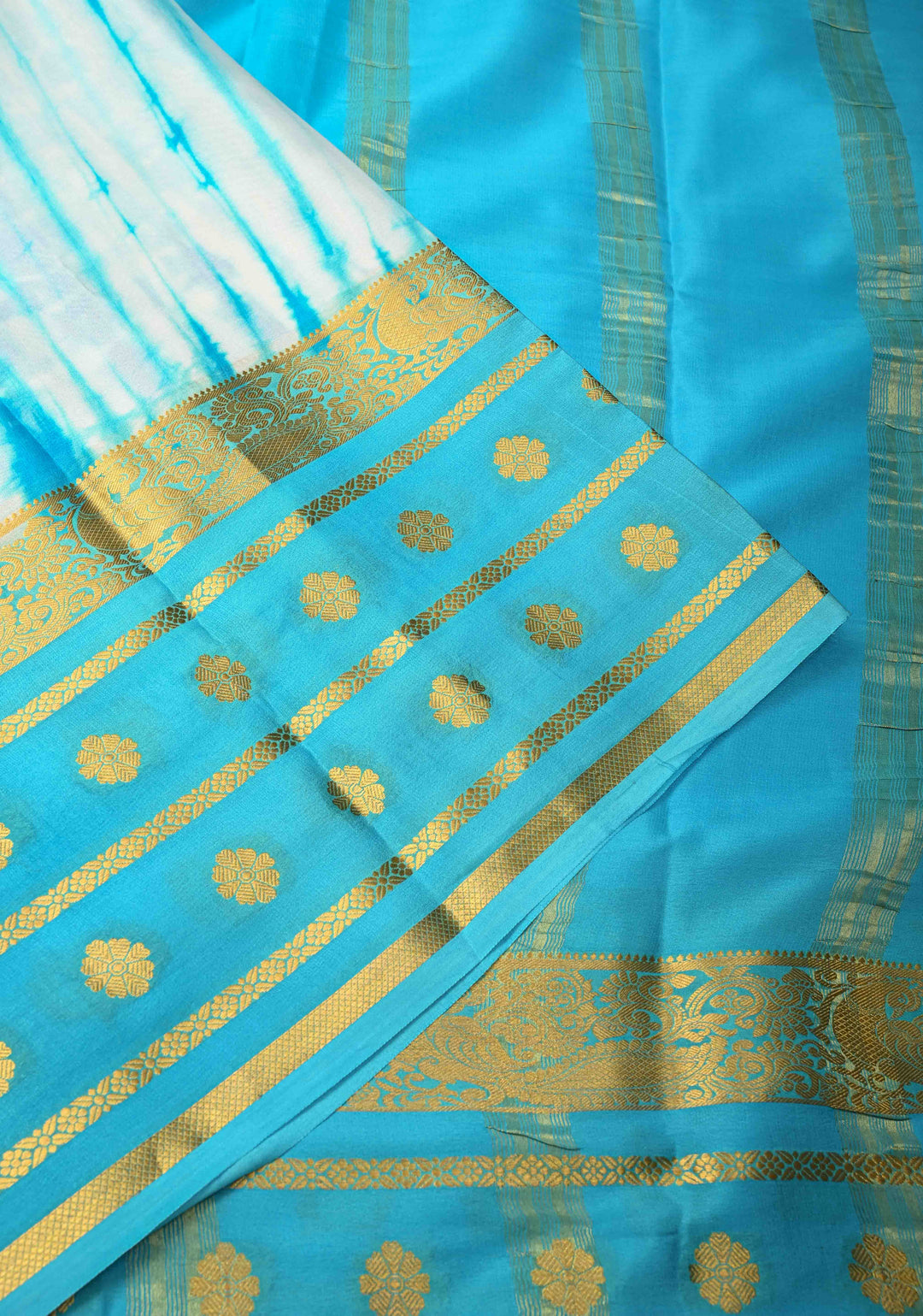 White-Blue Mysore Crepe Silk Saree with Shibori Dye and Wide Zari Skirt Borders | SILK MARK CERTIFIED