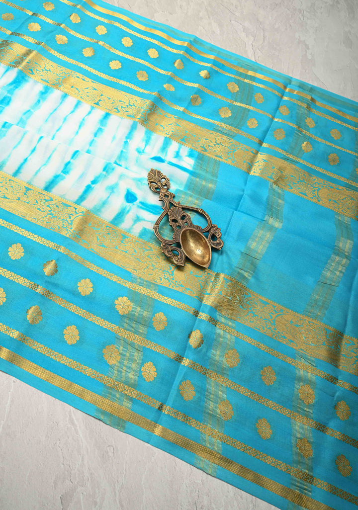 White-Blue Mysore Crepe Silk Saree with Shibori Dye and Wide Zari Skirt Borders | SILK MARK CERTIFIED