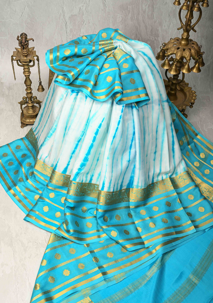 White-Blue Mysore Crepe Silk Saree with Shibori Dye and Wide Zari Skirt Borders | SILK MARK CERTIFIED