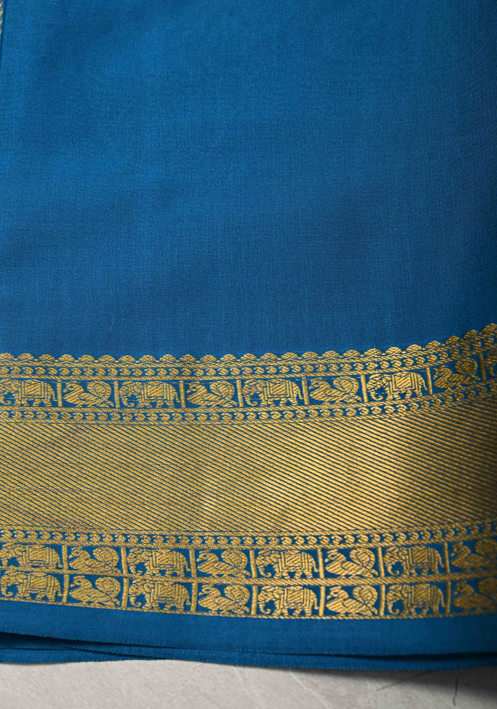 Copper Sulphate Blue Pure Mysore Silk Saree with Gandaberunda Buttas and Zari Border | SILK MARK CERTIFIED