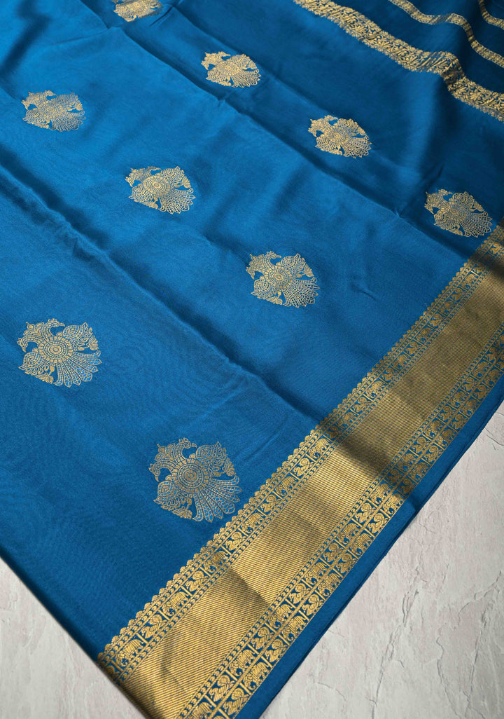 Copper Sulphate Blue Pure Mysore Silk Saree with Gandaberunda Buttas and Zari Border | SILK MARK CERTIFIED