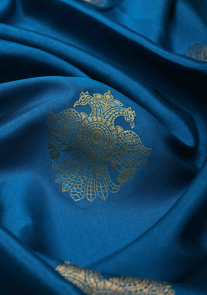 Copper Sulphate Blue Pure Mysore Silk Saree with Gandaberunda Buttas and Zari Border | SILK MARK CERTIFIED