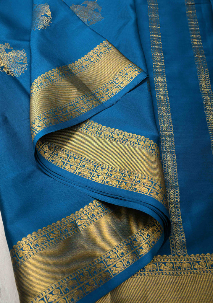 Copper Sulphate Blue Pure Mysore Silk Saree with Gandaberunda Buttas and Zari Border | SILK MARK CERTIFIED