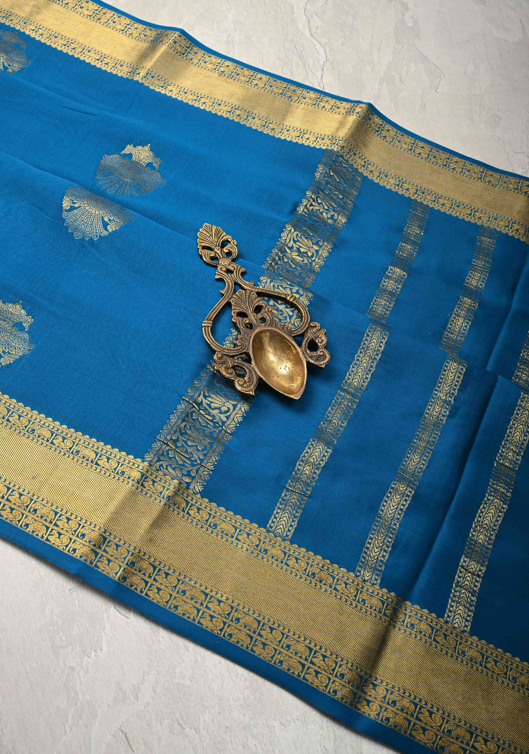 Copper Sulphate Blue Pure Mysore Silk Saree with Gandaberunda Buttas and Zari Border | SILK MARK CERTIFIED