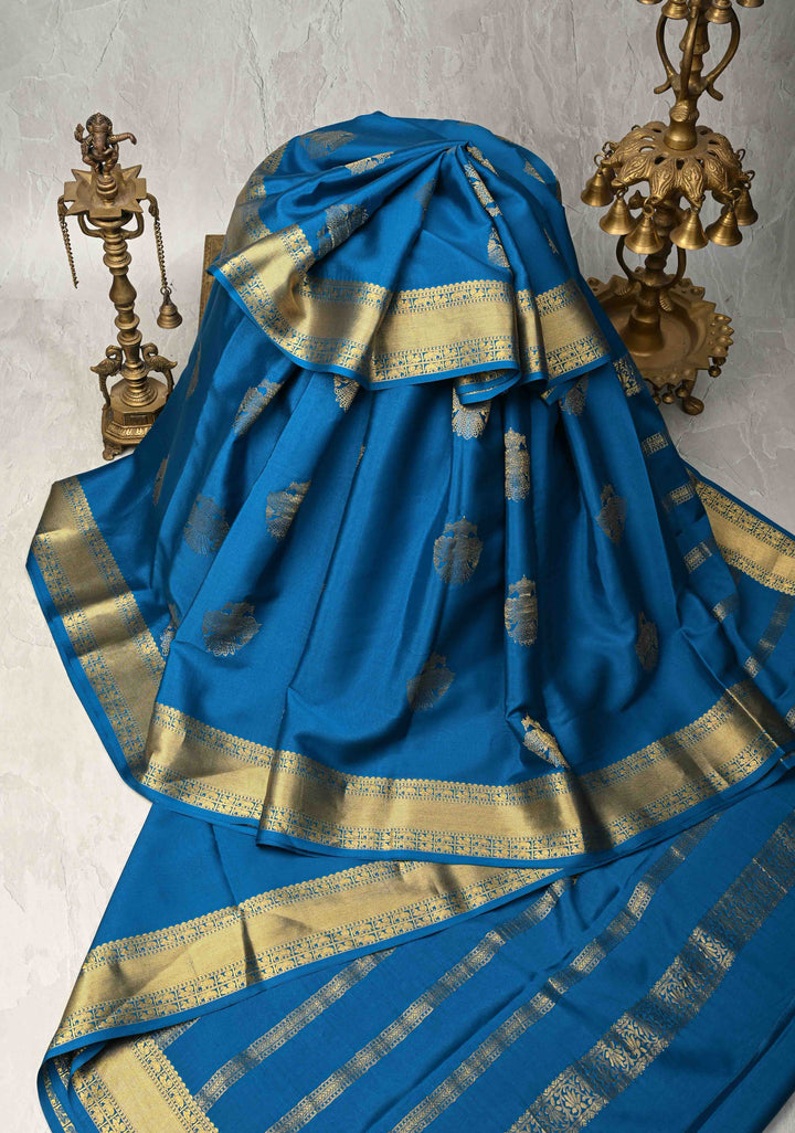 Copper Sulphate Blue Pure Mysore Silk Saree with Gandaberunda Buttas and Zari Border | SILK MARK CERTIFIED