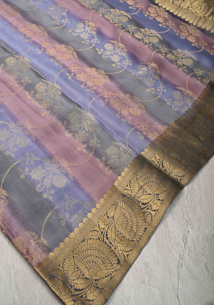Pastel Hued Rangkaat Style Brush Dye on Mysore Crepe Silk Saree with Floral Jaal and Zari Border   | SILK MARK CERTIFIED