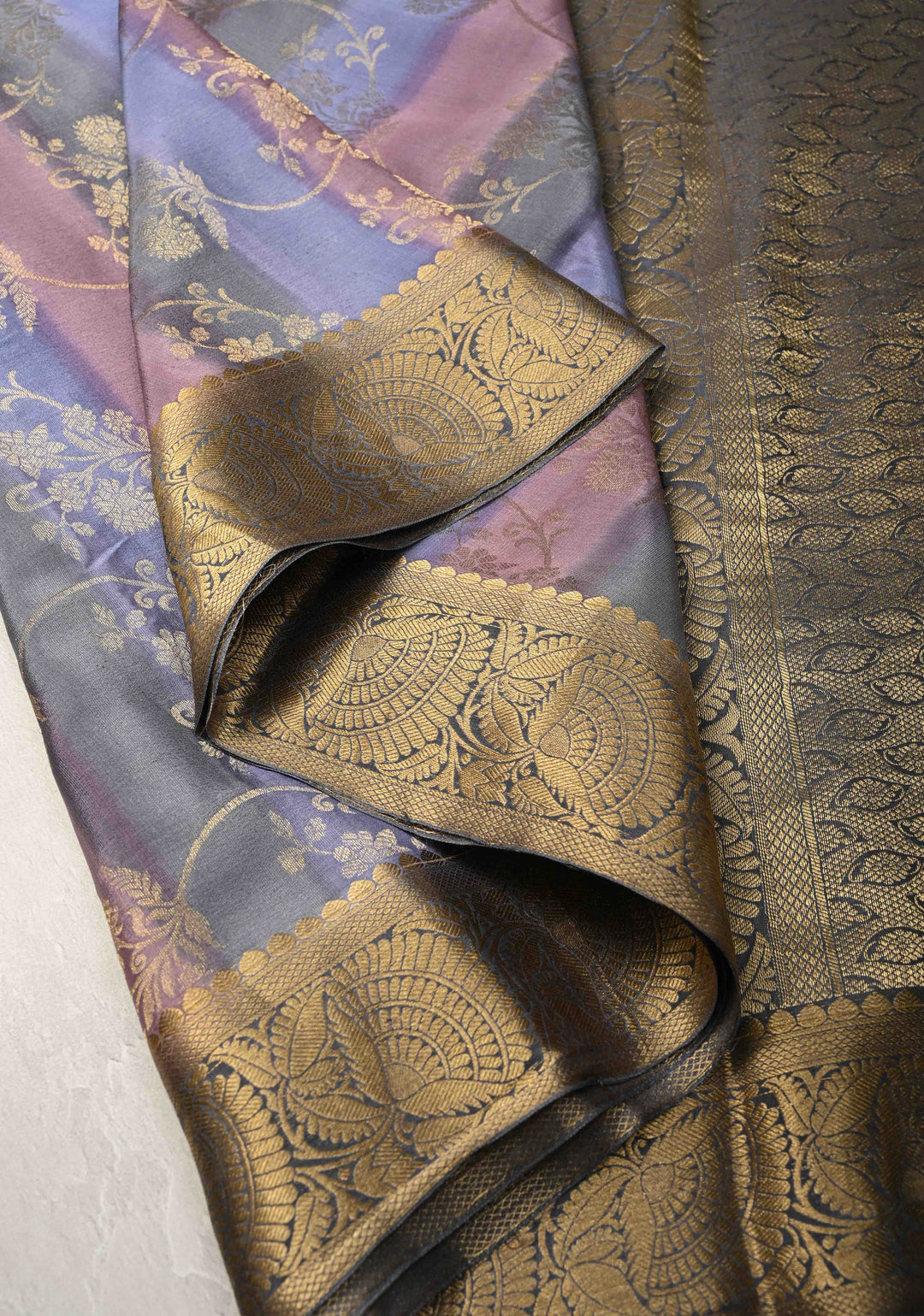 Pastel Hued Rangkaat Style Brush Dye on Mysore Crepe Silk Saree with Floral Jaal and Zari Border   | SILK MARK CERTIFIED
