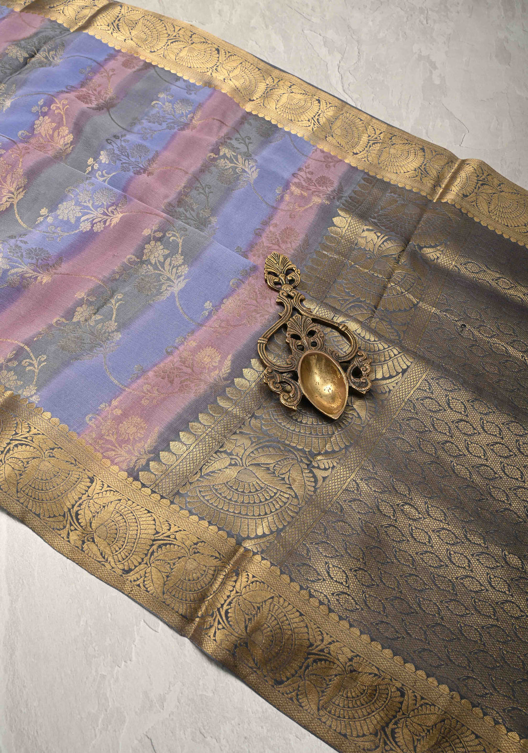 Pastel Hued Rangkaat Style Brush Dye on Mysore Crepe Silk Saree with Floral Jaal and Zari Border   | SILK MARK CERTIFIED