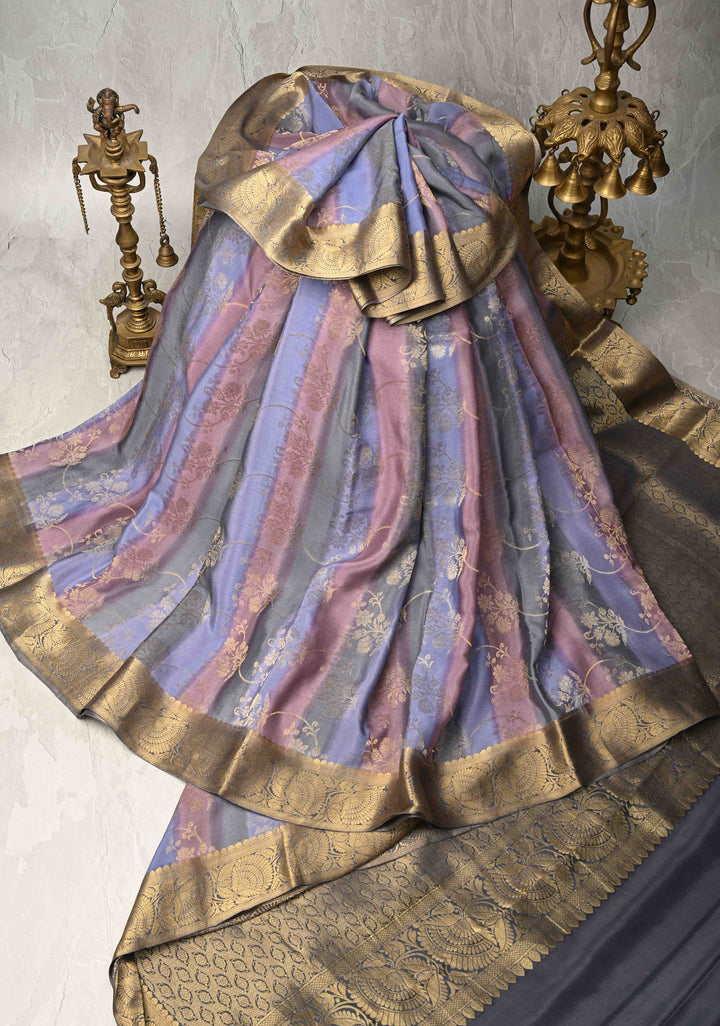 Pastel Hued Rangkaat Style Brush Dye on Mysore Crepe Silk Saree with Floral Jaal and Zari Border   | SILK MARK CERTIFIED