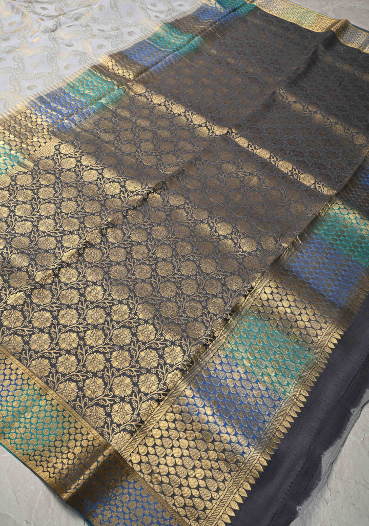 Pastel Blue Mysore Crepe Silk Saree with Floral Jaal and Multicolor Zari Border   | SILK MARK CERTIFIED