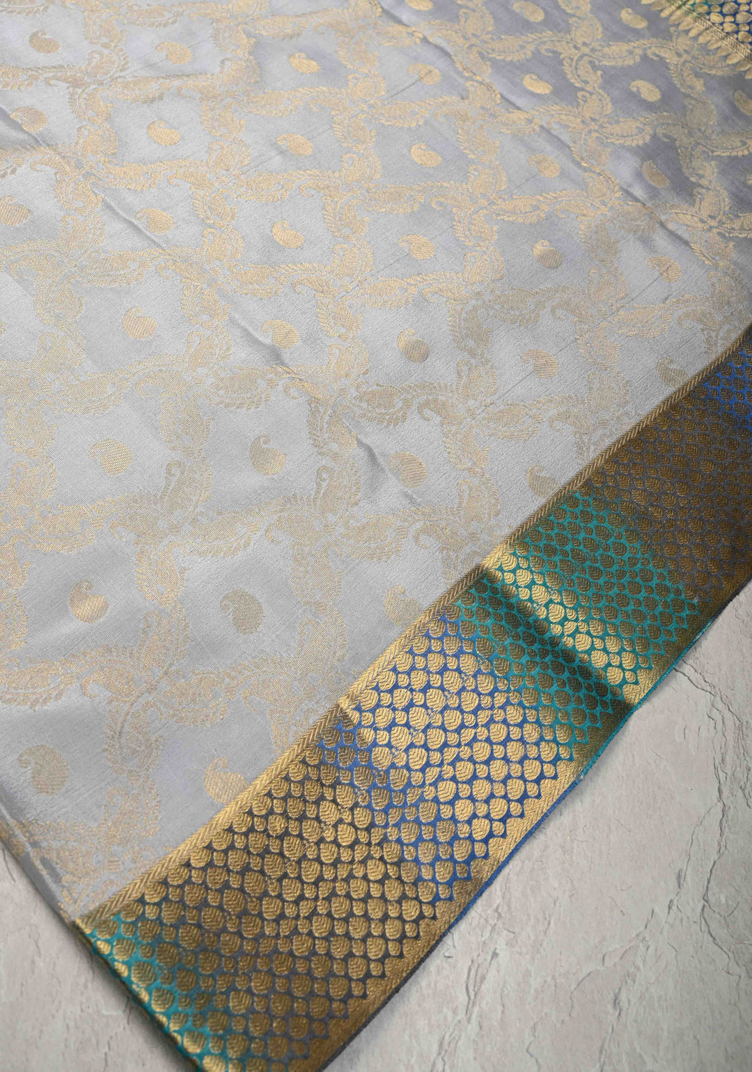 Pastel Blue Mysore Crepe Silk Saree with Floral Jaal and Multicolor Zari Border   | SILK MARK CERTIFIED