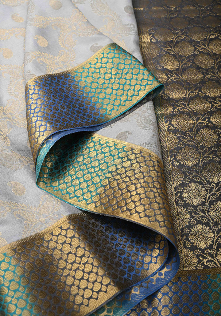 Pastel Blue Mysore Crepe Silk Saree with Floral Jaal and Multicolor Zari Border   | SILK MARK CERTIFIED