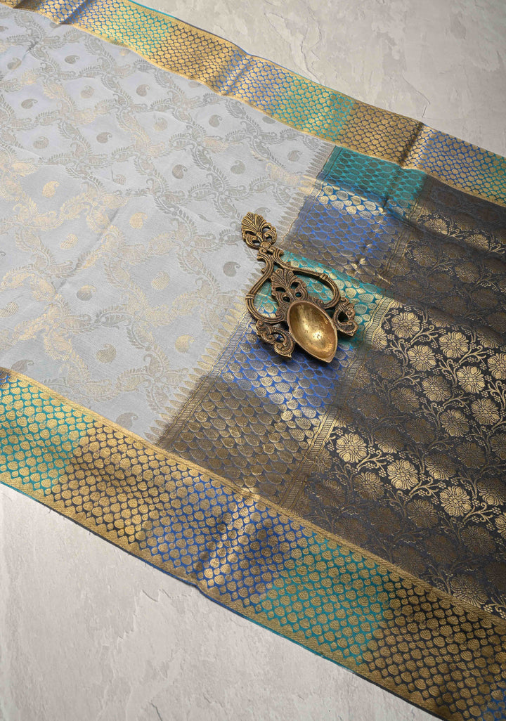Pastel Blue Mysore Crepe Silk Saree with Floral Jaal and Multicolor Zari Border   | SILK MARK CERTIFIED