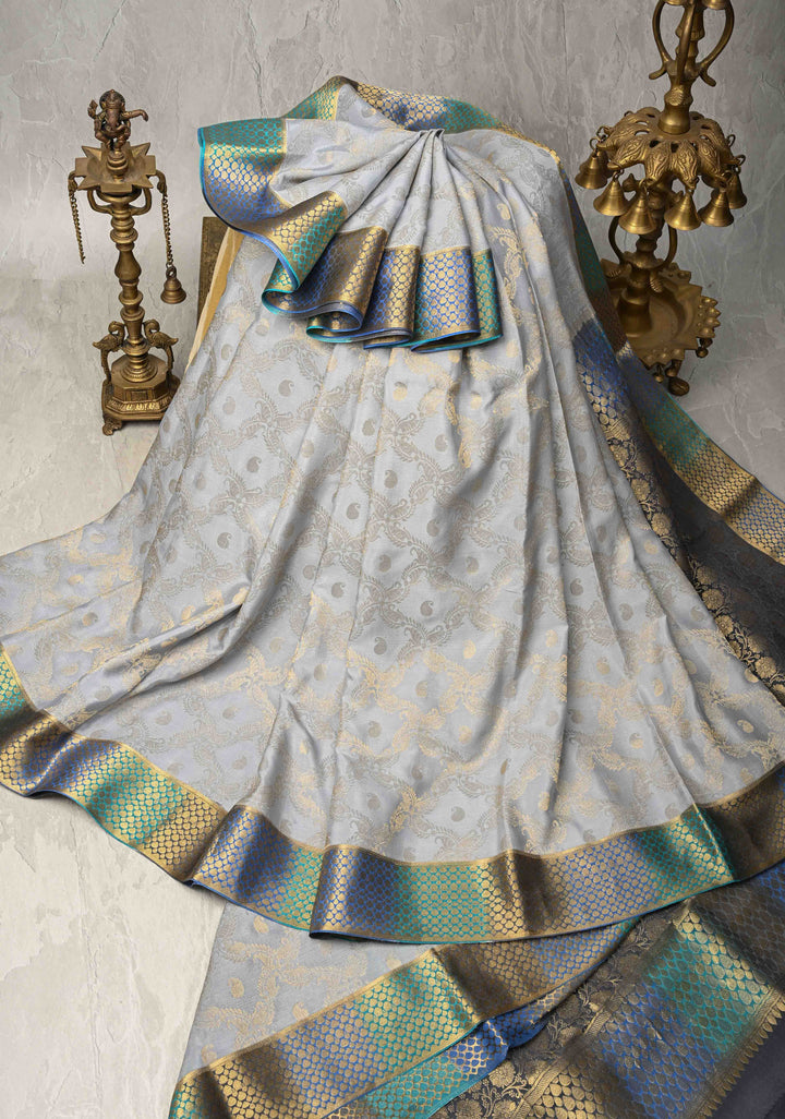 Pastel Blue Mysore Crepe Silk Saree with Floral Jaal and Multicolor Zari Border   | SILK MARK CERTIFIED